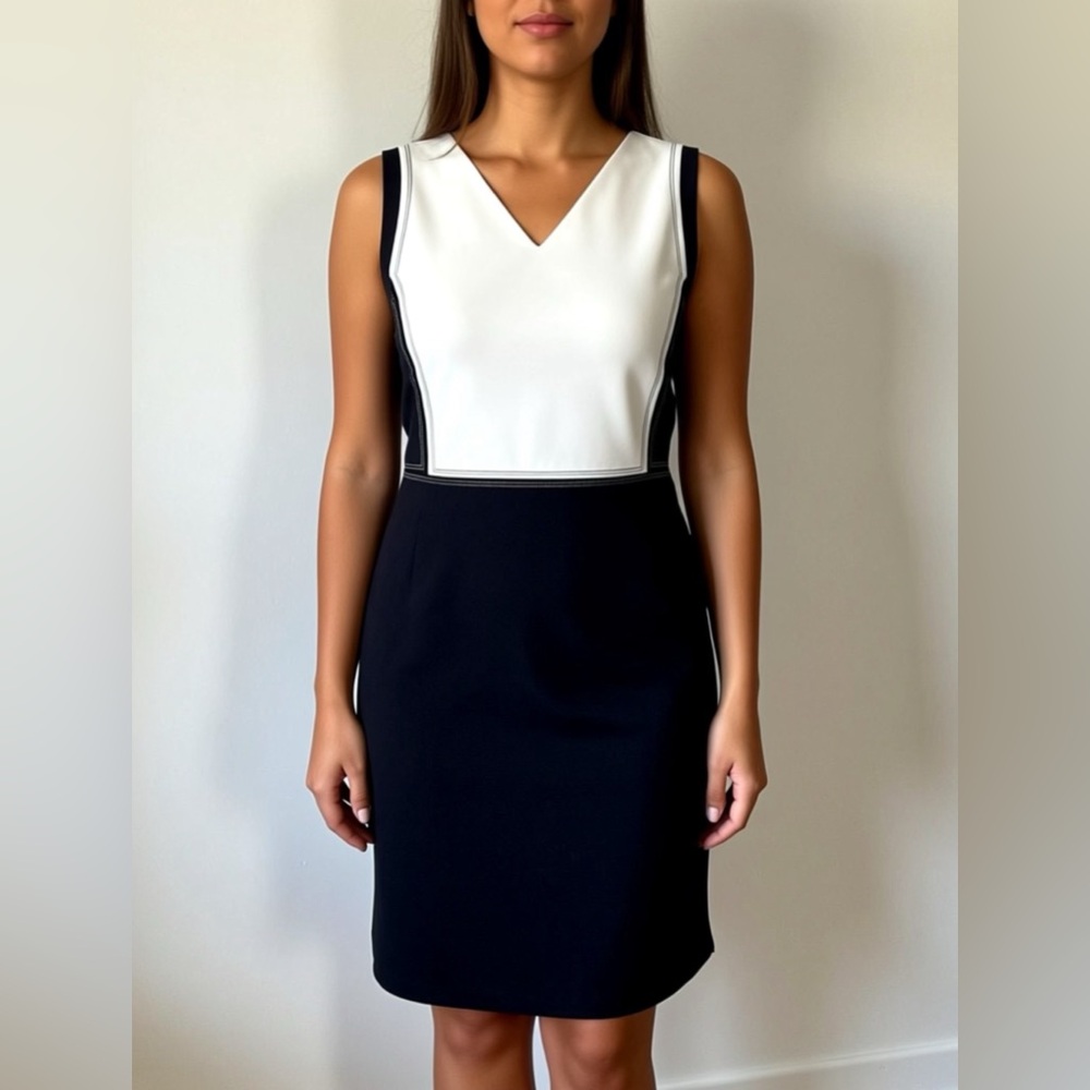 Boss Black and White V-Neck Sheath Business Dress Size 10